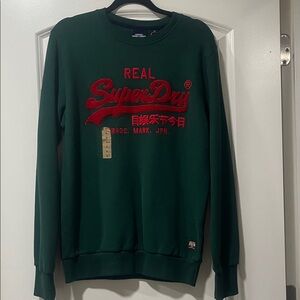Superdry Men's Crewneck Sweater in Green with Red Logo